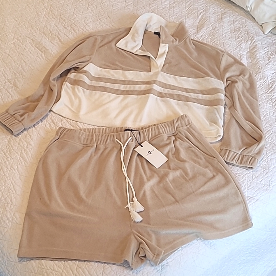Nwt 7 For All Mankind Soft Tan Terrycloth Shorts & Longsleeve Lounge Set Size Xl